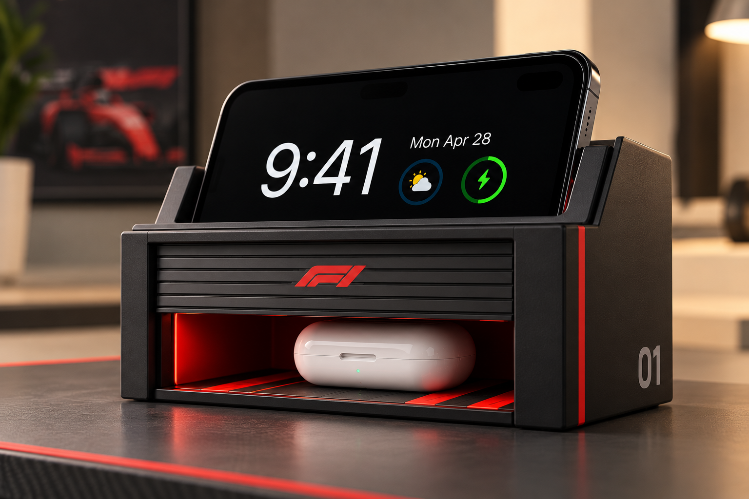 Black racing garage-style dock with red lighting, an iPhone above and an AirPods case inside the open garage